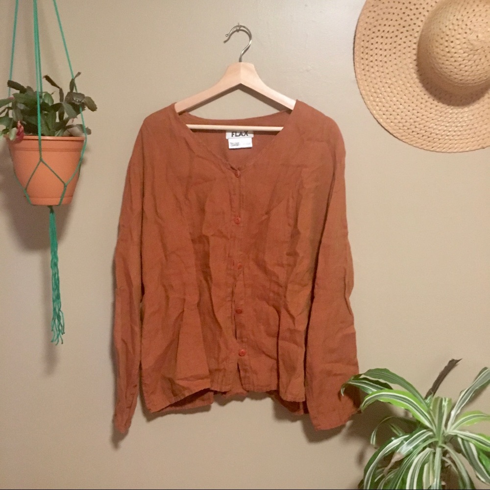 Flax 100% Linen Button Down Blouse Vintage Rare